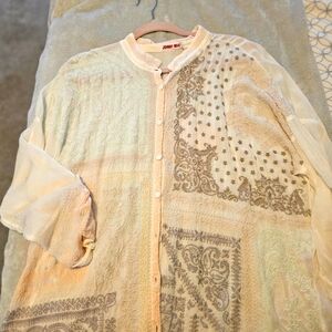 JOHNNY WAS shirt blouse XL Peach Mint Tan Bohemian